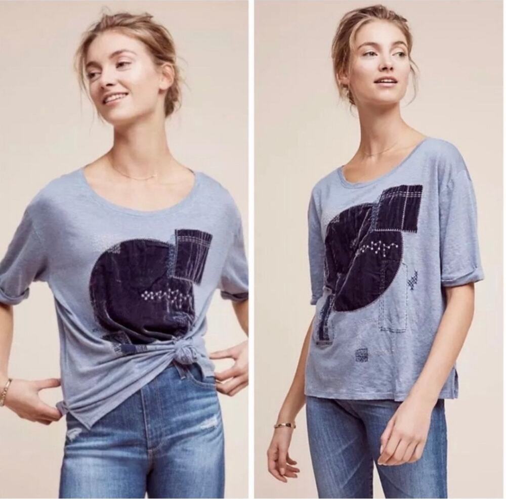 Anthropologie Akemi + Kin Blue Linen Velvet Patchwork Embroidered Top Sz Small